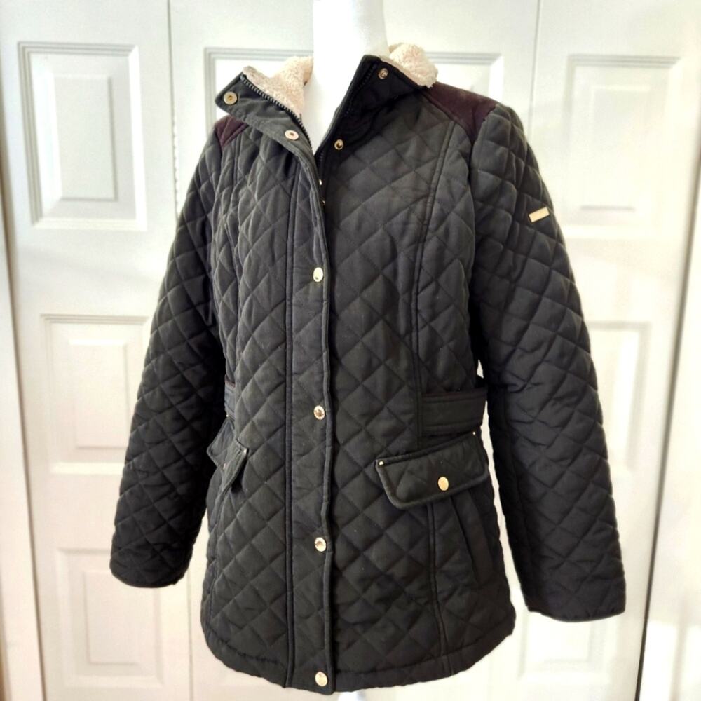 Laundry by Shelli Segal Womens Green Faux Fur Quilted Coat Outerwear